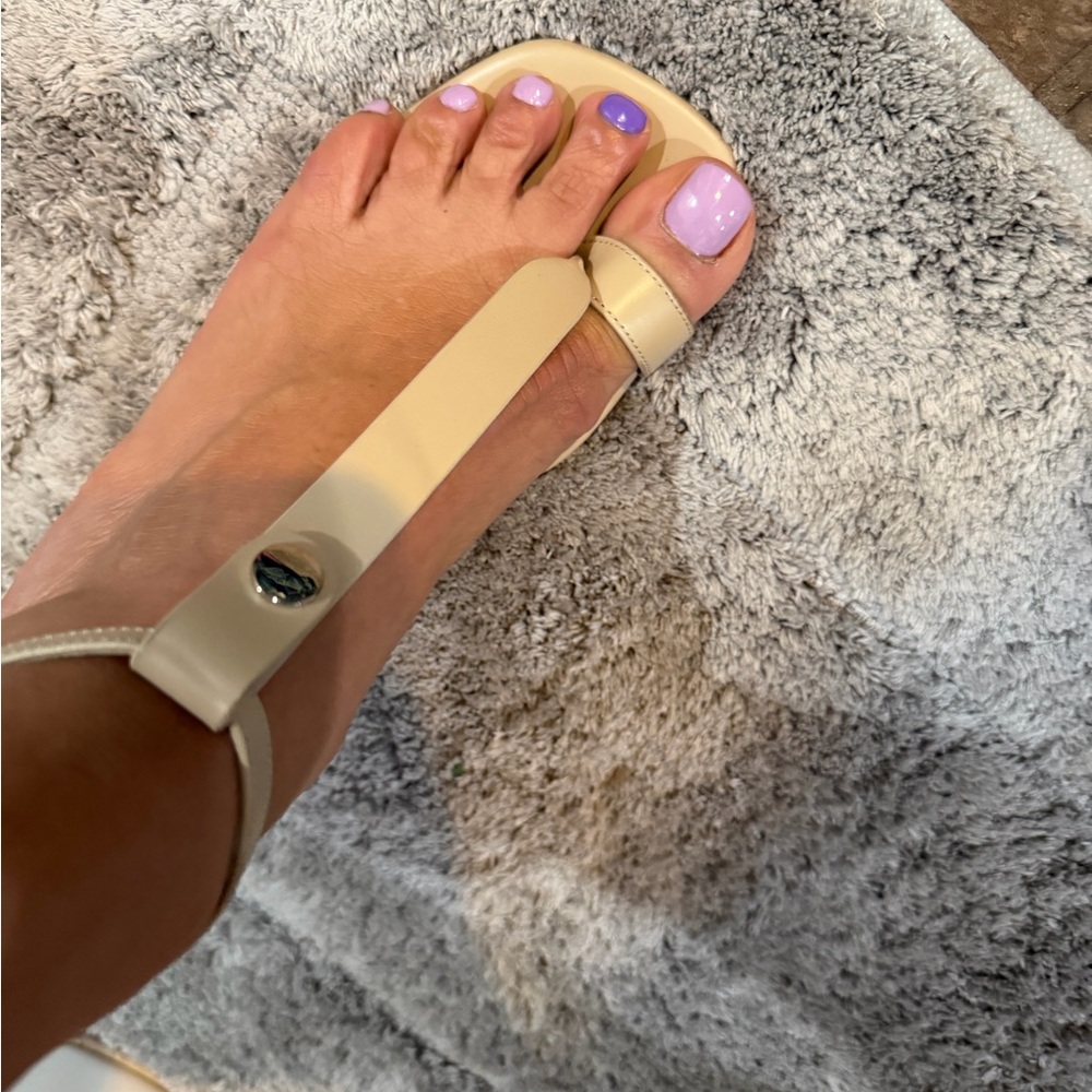 Burberry Cream T-Strap Sandals with Silver Stud